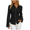 thumbnail image 2 of Women's Long Sleeve Button Dress Shirts Lapel Collar Fitted Waist Tailored Elegant Blouse Tops for Office Formal Work Black XL, 2 of 7