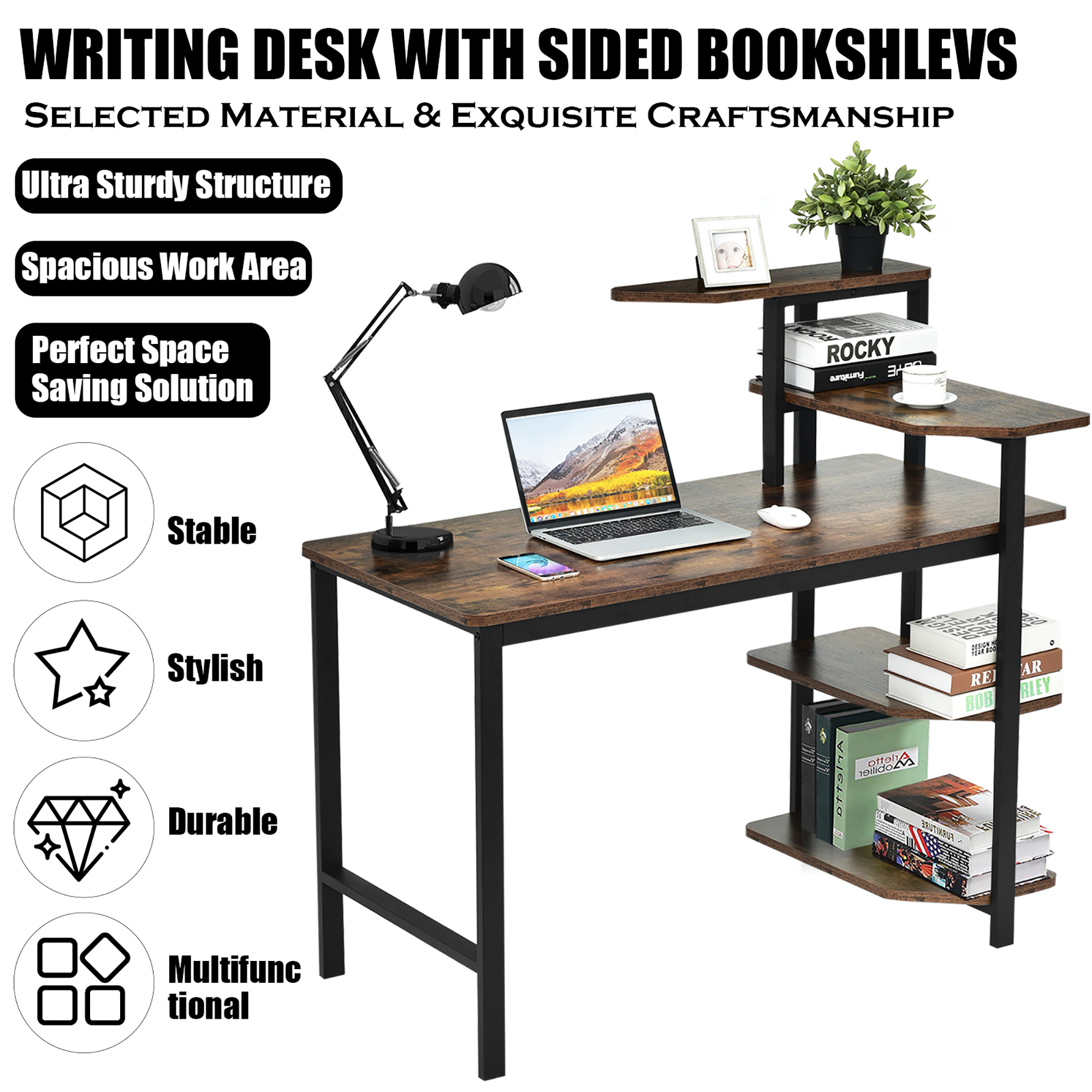 Costway Computer Desk Writing Study Table with Storage Shelves Home Office  Rustic Brown, 48X25X44(LXWXH) - Kroger