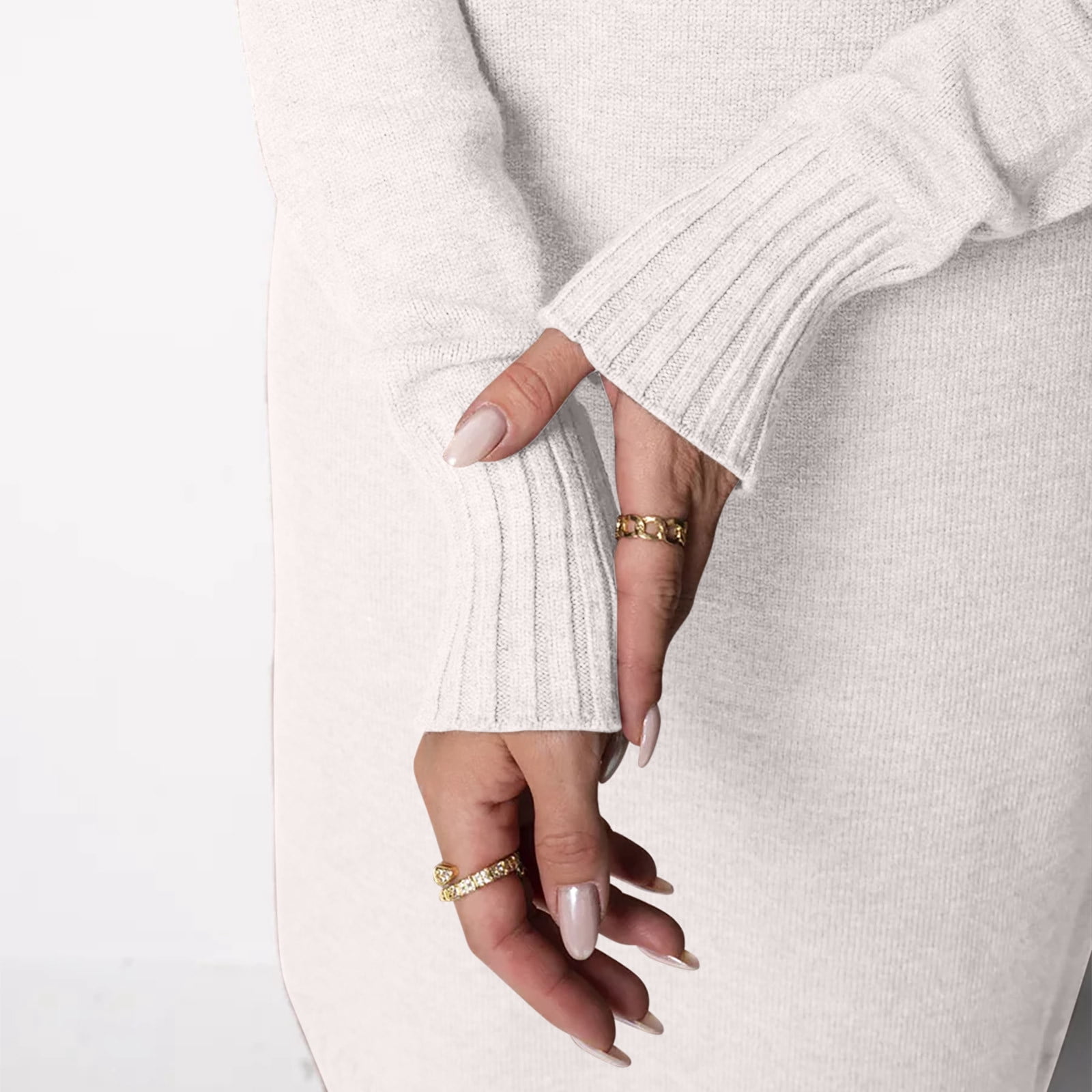 Arnsht Womens Fall and Winter Elegant Fleece Sweater Dresses Solid Color Loose Turtleneck Dress Long Sleeve Knitted Skirt White S