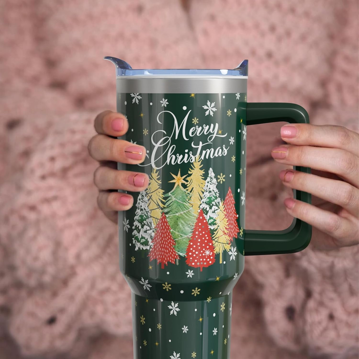 40oz Christmas Tumbler With Handle Lid and Straw, Stainless Steel Pink Xmas Snowman Insulated Coffee Cup, Christmas Gifts for Women/Mom/Daughter/Aunt/Girlfriend