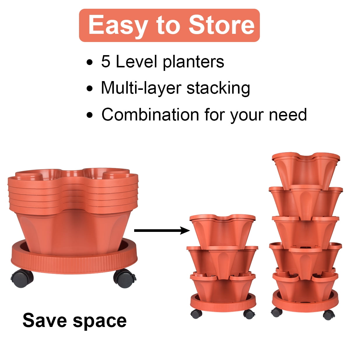 5-Tier Red PVC Stackable Plant Planter with Wheels for Strawberry, Herb, Flower, Vegetable Planter Indoor Outdoor(2 Count)