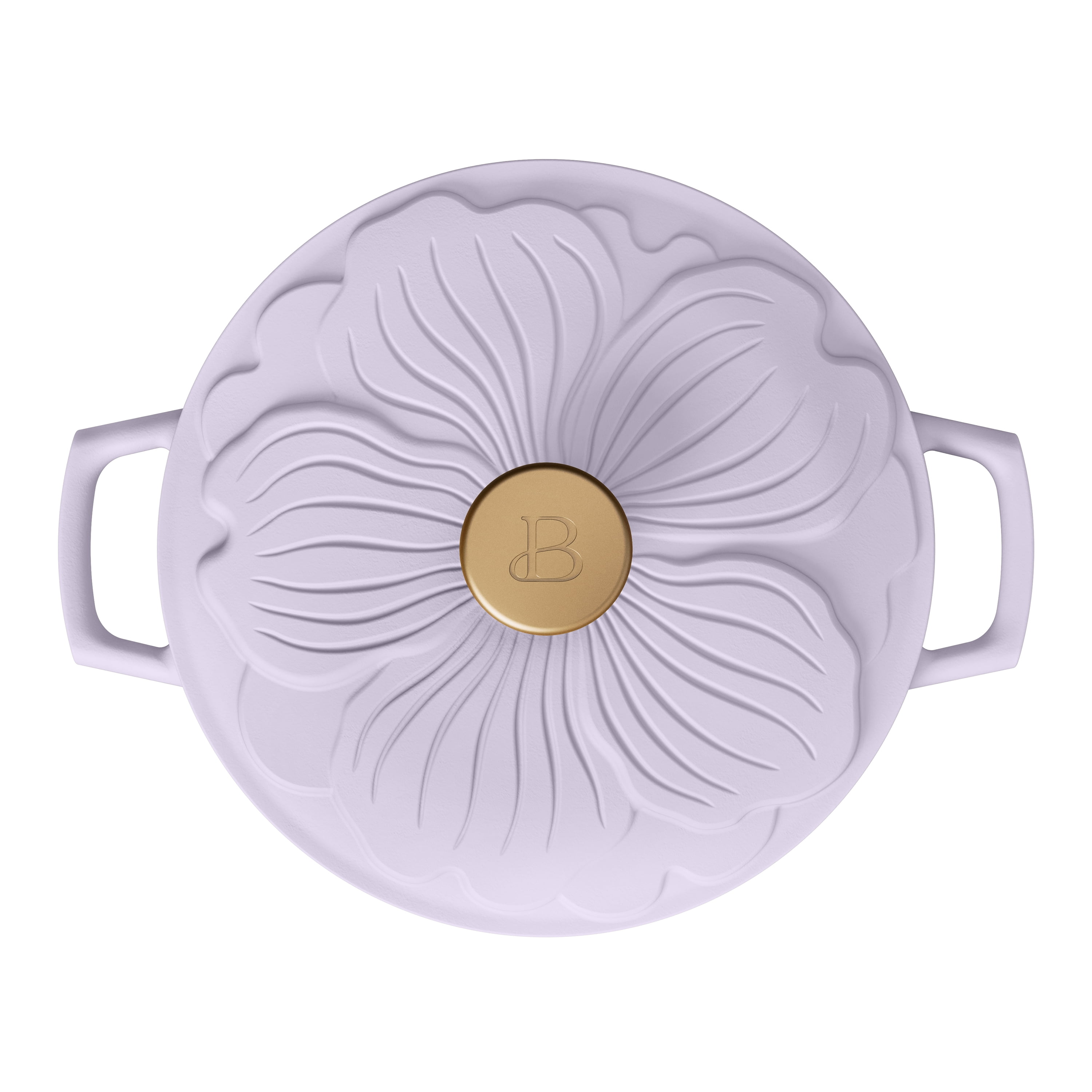 Beautiful 4 Quart Enameled Cast Iron Round Dutch Oven with Petal Design Lid, Lavender by Drew Barrymore