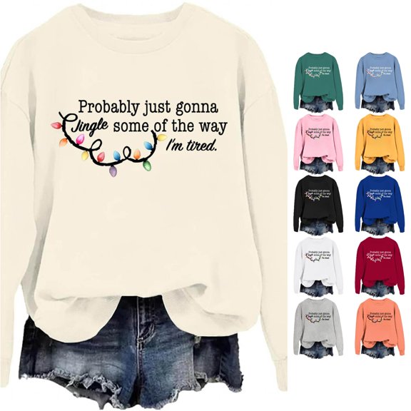 Trendfront Womens Christmas Slogan Sweatshirts Crewneck Long Sleeve Holiday Light Graphic Relaxed Fit Festive Winter Pullover Tops