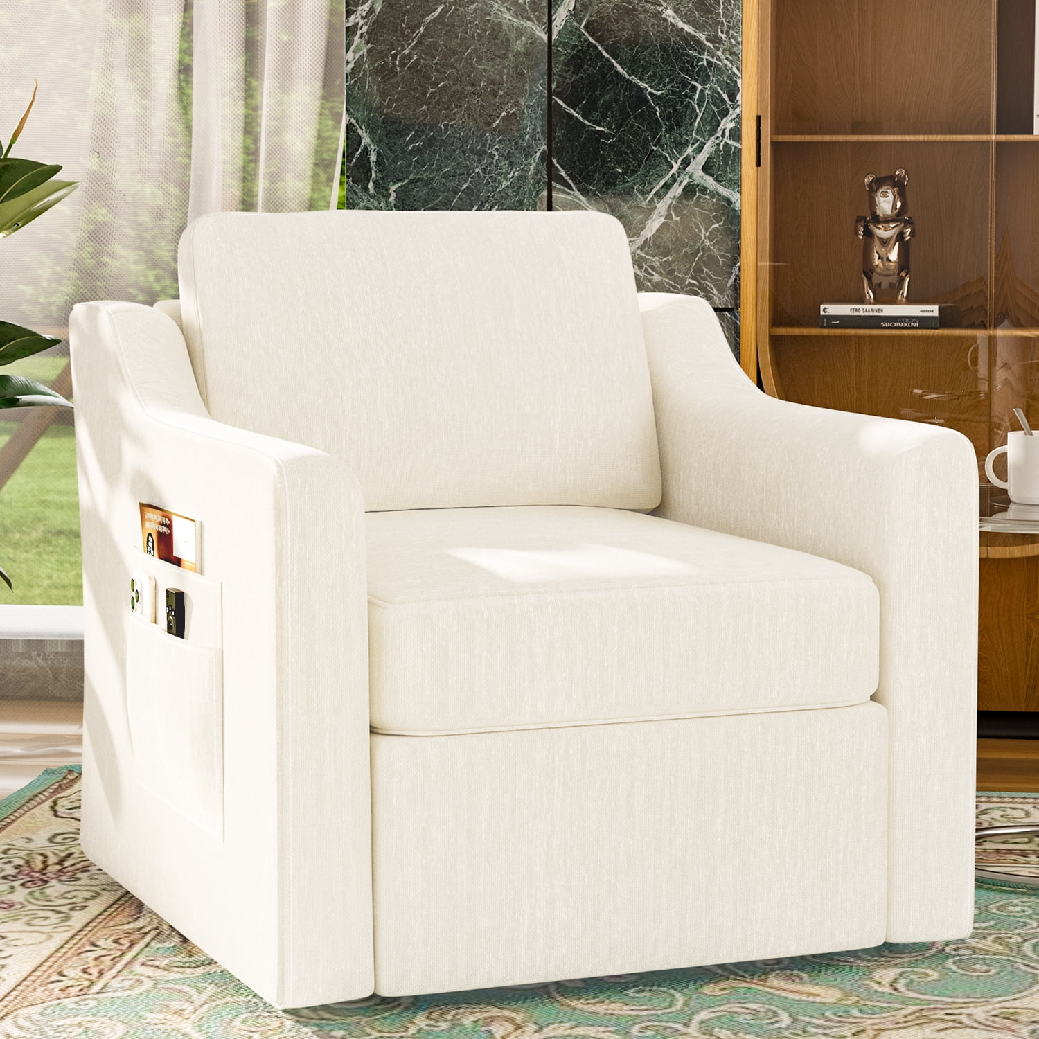 ZBOM 360° Swivel Modern Accent Chair Set of 2, Large Comfy Reading Chairs, Accent Square Single-seat Armchair Upholstered Sofa for Reading, Living Room, Bedroom, Beige