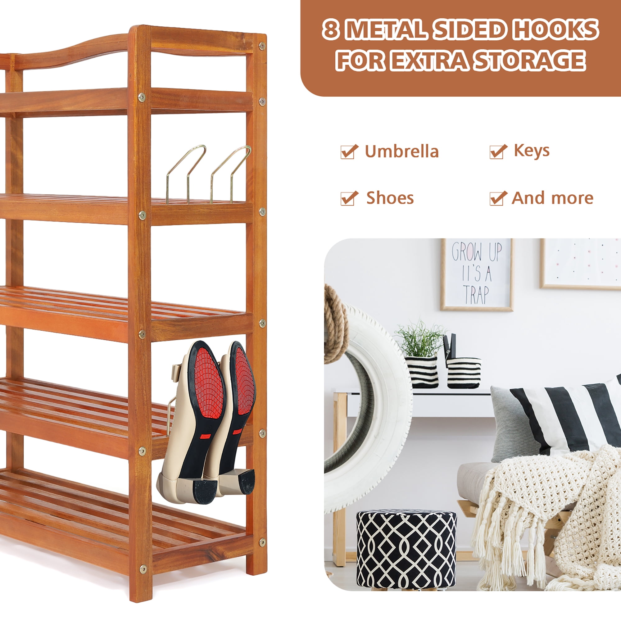 Costway 5-Tier Wood Shoe Rack Freestanding Large Shoe Storage Organizer Heavy-duty