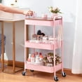 thumbnail image 2 of 3 Tier Rolling Cart, Metal Utility Cart with Wheels & Wooden Top, Pink Organizer Cart, Rolling Craft Storage Cart, Serving Trolley Cart for Kitchen, Office, Bathroom, Kids' Room, Bedside, Pink, 2 of 15