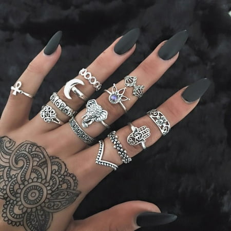 - 13pc/set Bohemian Vintage Women Silver Gold Elephant Finger Rings Knuckle Rings Jewelry Gift Jewelry Accessories