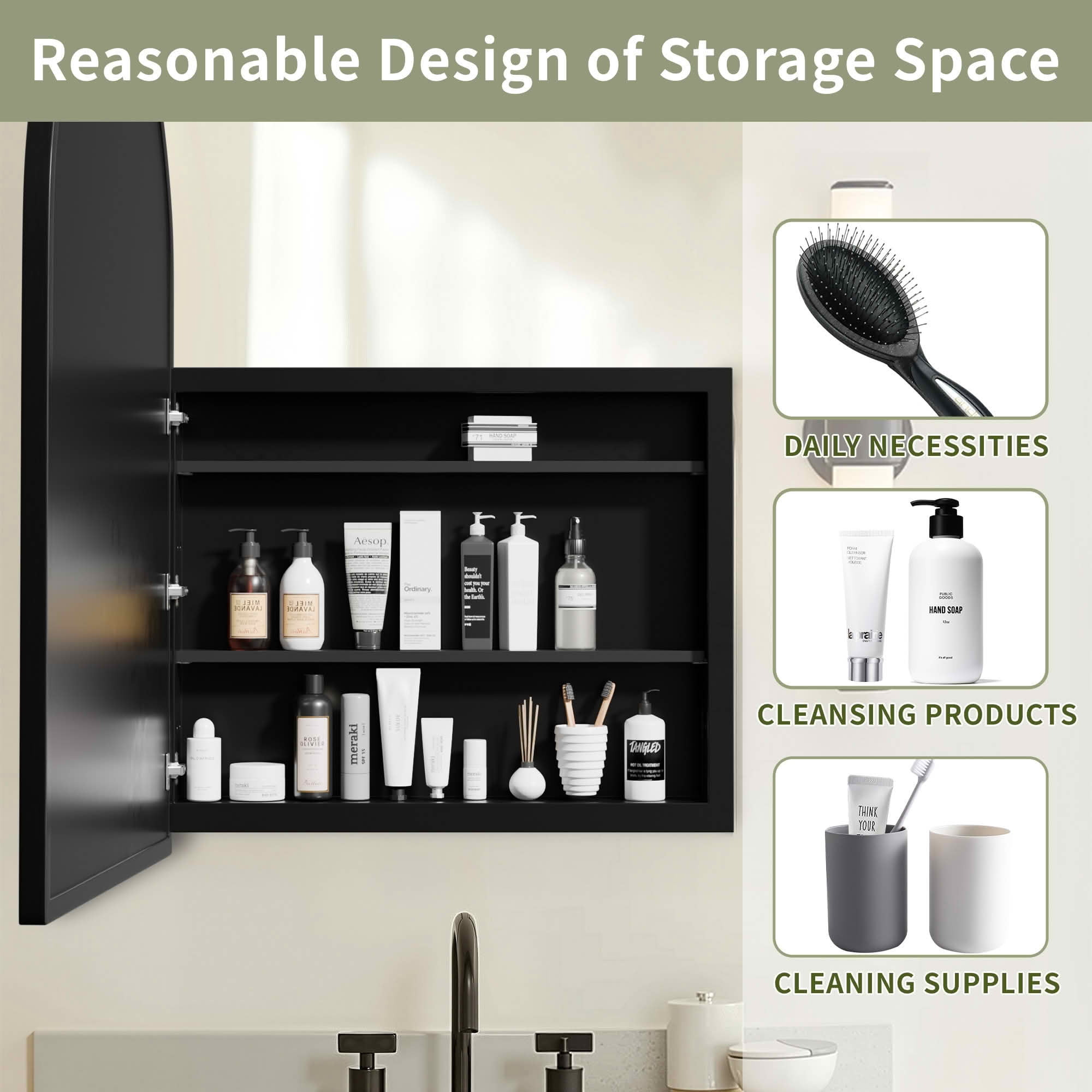 MAYEERTY 39x30x5 Inch Black Metal Round Corner Arched Medicine Cabinet for Bathroom