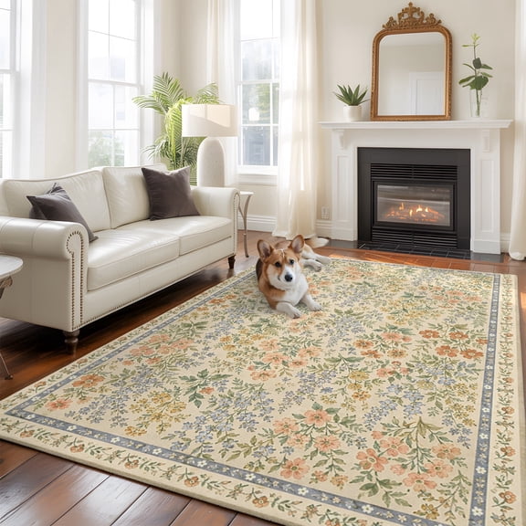 Bedliving 5' x 7' Washable Area Rug, Beige Vintage Floral Low Pile Carpet for Bedroom Home Office