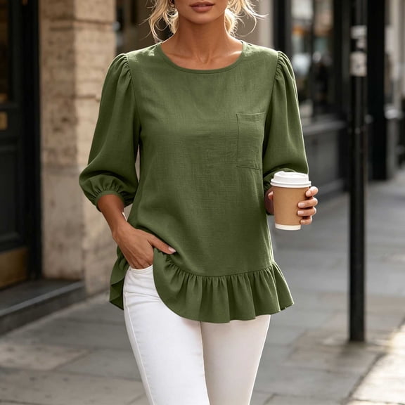 Qulqfy Cotton Boho Tops for Women Fall Casual Solid 3/4 Sleeve Army Green Scoop Neck Cute Pleat Ruffle Hem Outfits L