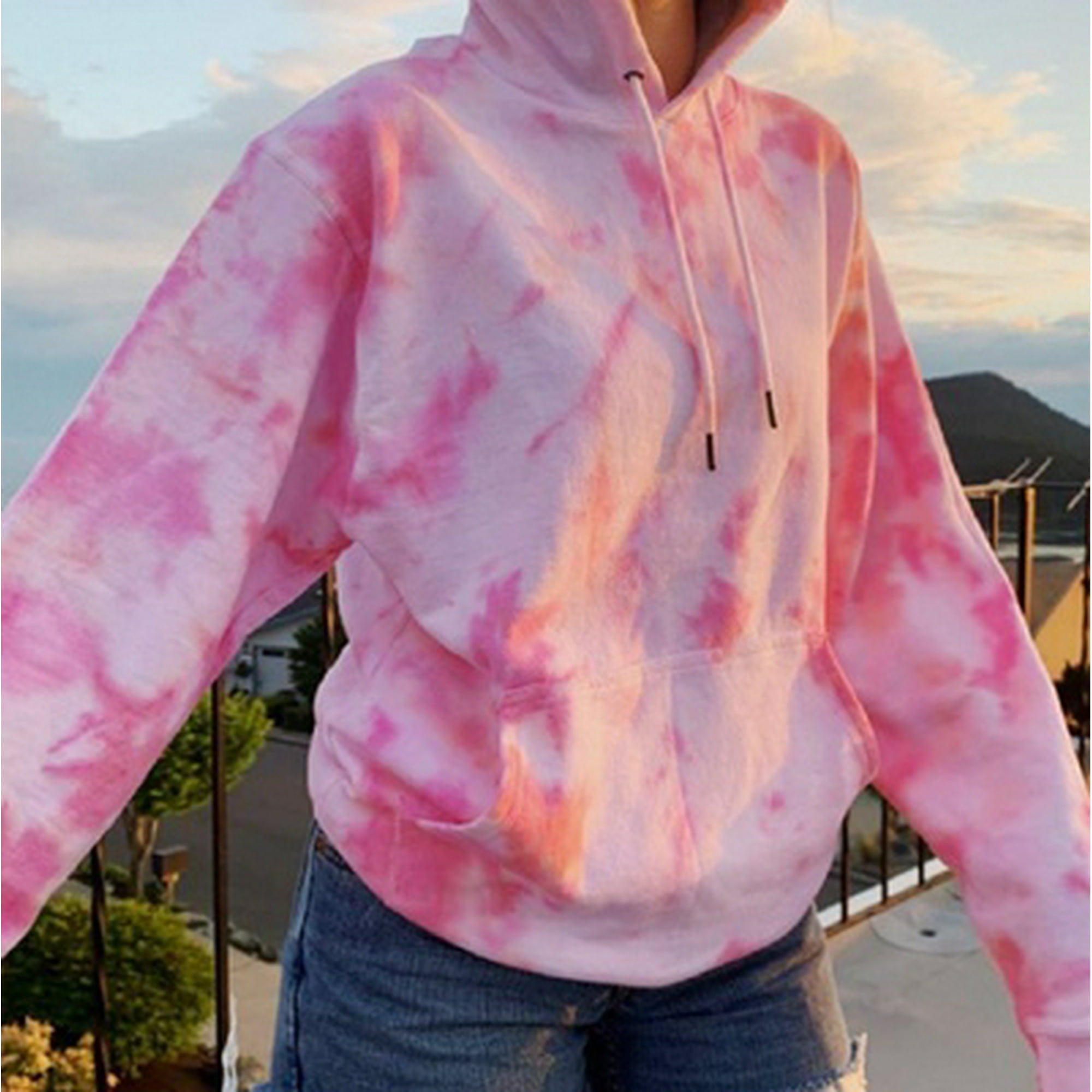 Woman Tie dye Hoodie Long Sleeve Front Pocket Drawstring Pullover Loose Sweatshirt