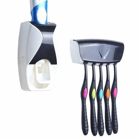 - Automatic Toothpaste Dispenser With 5 Toothbrush Holder Stand Wall Mount Bathroom Toothbrush Family Sets Rack Lazy Wall Toothpaste Tube Squeezer Bathroom Accessories