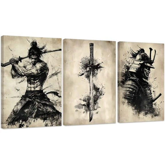 Hieng 3 Pieces Samurai Wall Art Canvas Prints Japanese Wall Decor Japan Culture Decor Bushido Poster Samurai Room Decorations Unframed