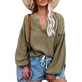 thumbnail image 1 of Mujeres V cuello globo manga camisa suelta casual profundo V cuello solo pecho linterna manga larga algodón camisa pullover top, 1 of 6