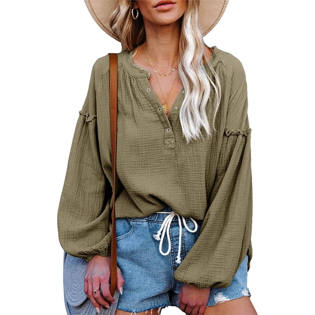 Mujeres V cuello globo manga camisa suelta casual profundo V cuello solo pecho linterna manga larga algodón camisa pullover top