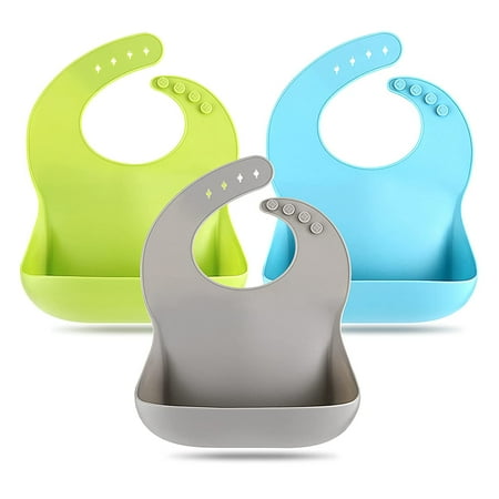 

Silicone Bibs for Babies & Toddlers Set of 3 Silicone Baby Bibs for Boy and Girl Adjustable Soft Waterproof Bibs