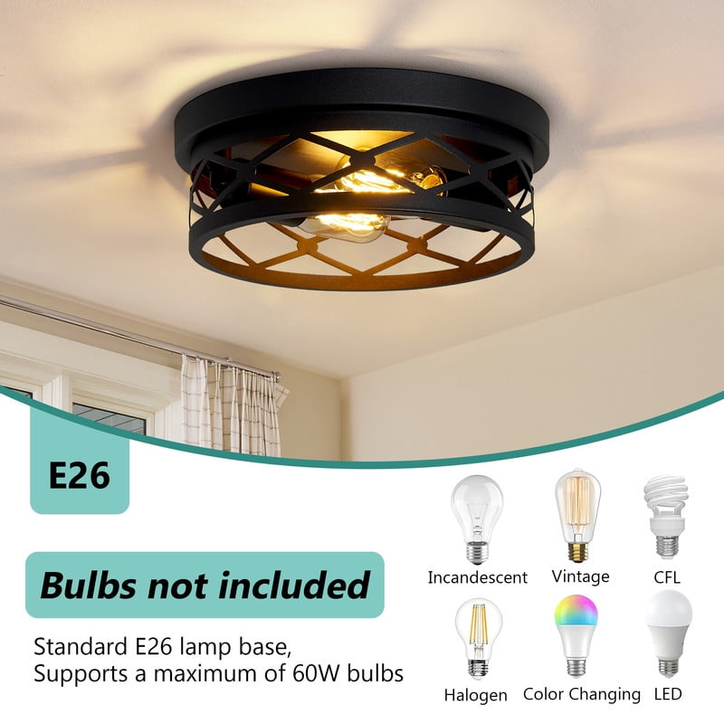 HKMGT Industrial Round Diamond Grid 2-Light Flush Mount Ceiling Light, Matte Black, E26 Base, for Kitchen Hallway Entryway (Bulbs Not Included)