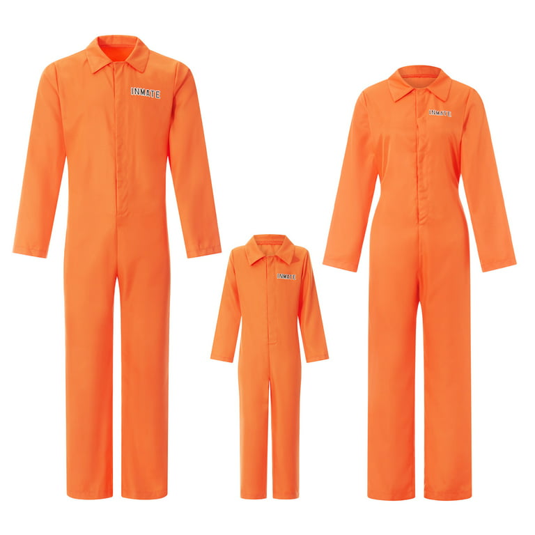 Prisoner Costume Orange Prison Jumpsuit Women Men Kids Costumes for Family  Jail Criminal Outfit 