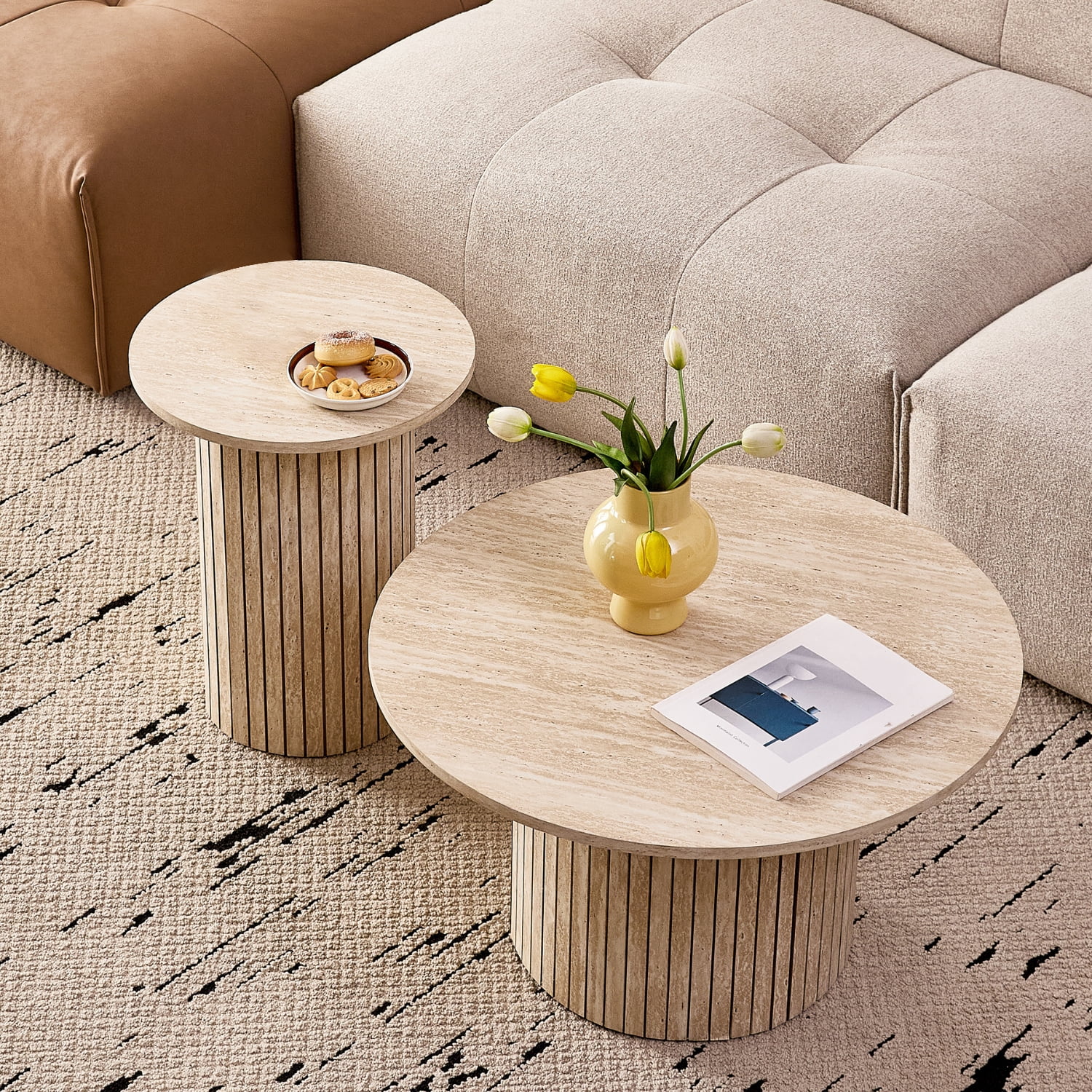 Round Nesting Coffee Tables Set of 2, Boho Wood Circle Side Table Fluted Drum, Farmhouse End Table for Living Room Bedroom, Apartment, Stone-patterned