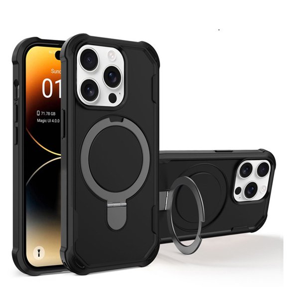 Protective Magnetic Kickstand Case for iPhone 14 Pro Max with Tempered Glass Screen Protector - Black