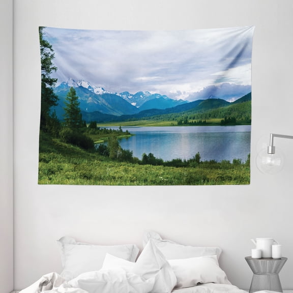 Nature Tapestry, Belukha Mountain by the Lake Surrounded Mountain with Snowy Peaks Print, Wall Hanging for Bedroom Living Room Dorm Decor, 80W X 60L Inches, Fern Green Light Blue, by Ambesonne