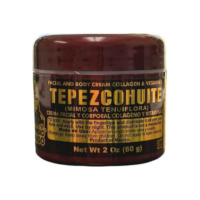 Faical Night Cream with Tepezcohuite 60gr small by KSW KINGDO, displayed in a dark brown jar with gold text highlighting its benefits as a hydrating face cream and moisturizer. Formulated with collagen and vitamin E, it helps heal skin irritation, burns, and acne while reducing inflammation.