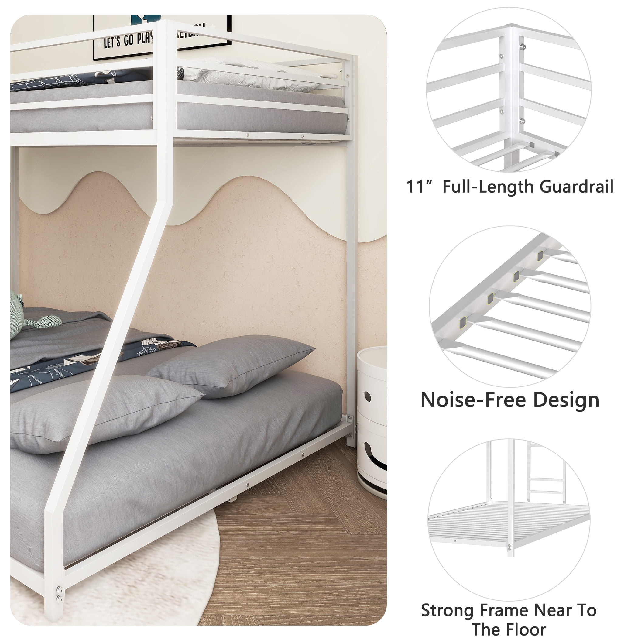 Leumius Twin over Full Size Metal Bunk Bed,with Ladder and Guardrail,Heavy Duty Metal Bed Frame,White