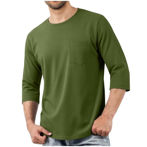 Mifsaly Cotton Tshirts for Men 3/4 Sleeve Casual Crewneck Tops Soft Breathable Regular Fit Layering Everyday Lounge Pullover Army Green,L