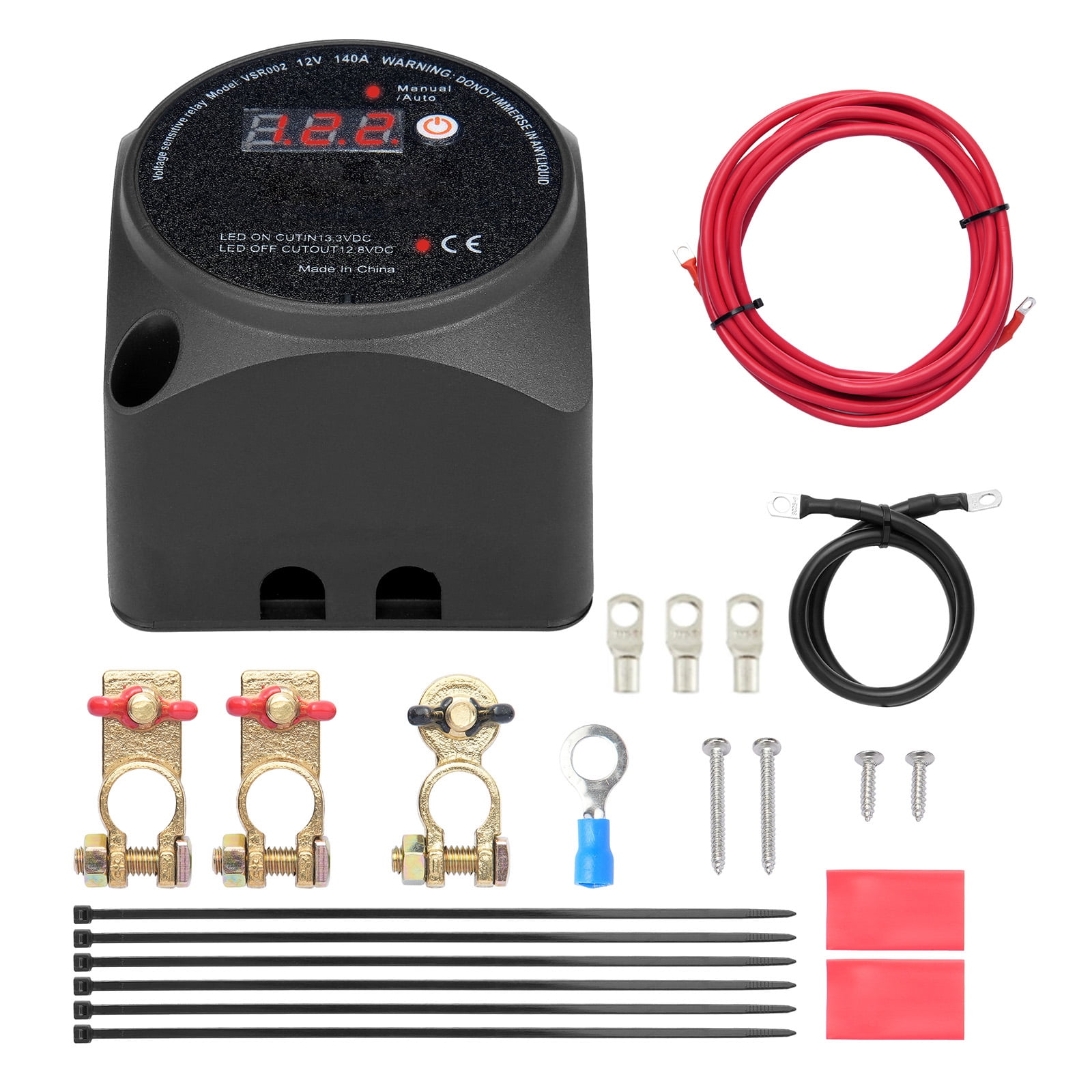 KFFKFF Twin Battery Separation Kit, 12V 140Amp, Manual and Automatic Functions VSR Voltage Responsive Relay with LCD Display, Intelligent Battery Separator for ATV UTV RV Camper Off-Terrain Vehicle