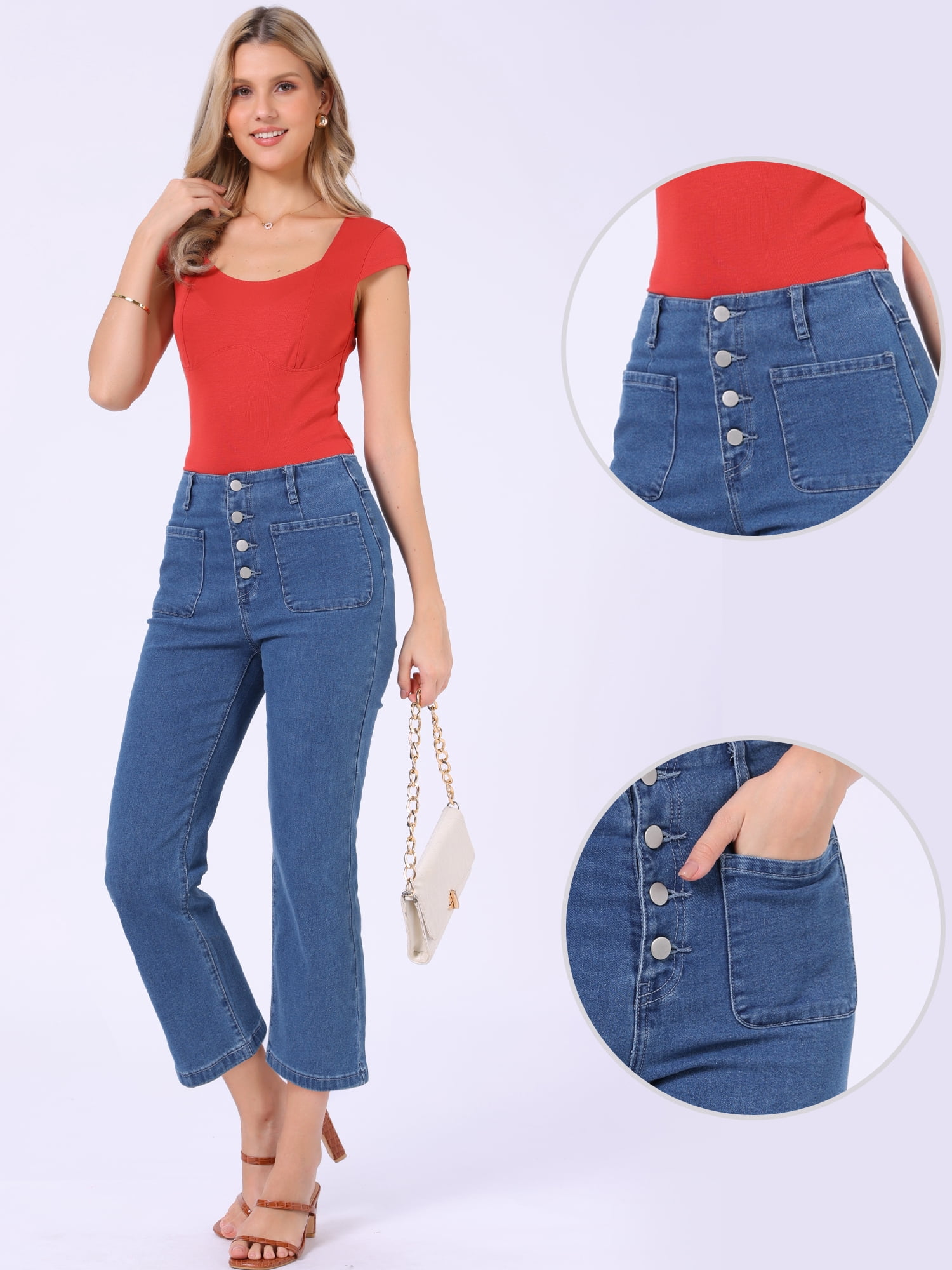 DARING DIVA Women's High Waisted Tummy Control Cropped Straight Leg Jeans M Blue