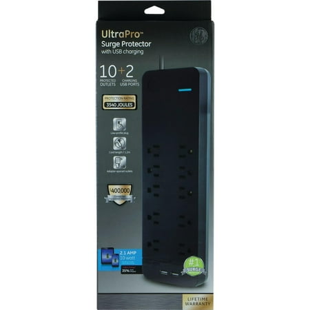 GE - UltraPro 10-Outlet/2-USB Surge Protector - Black