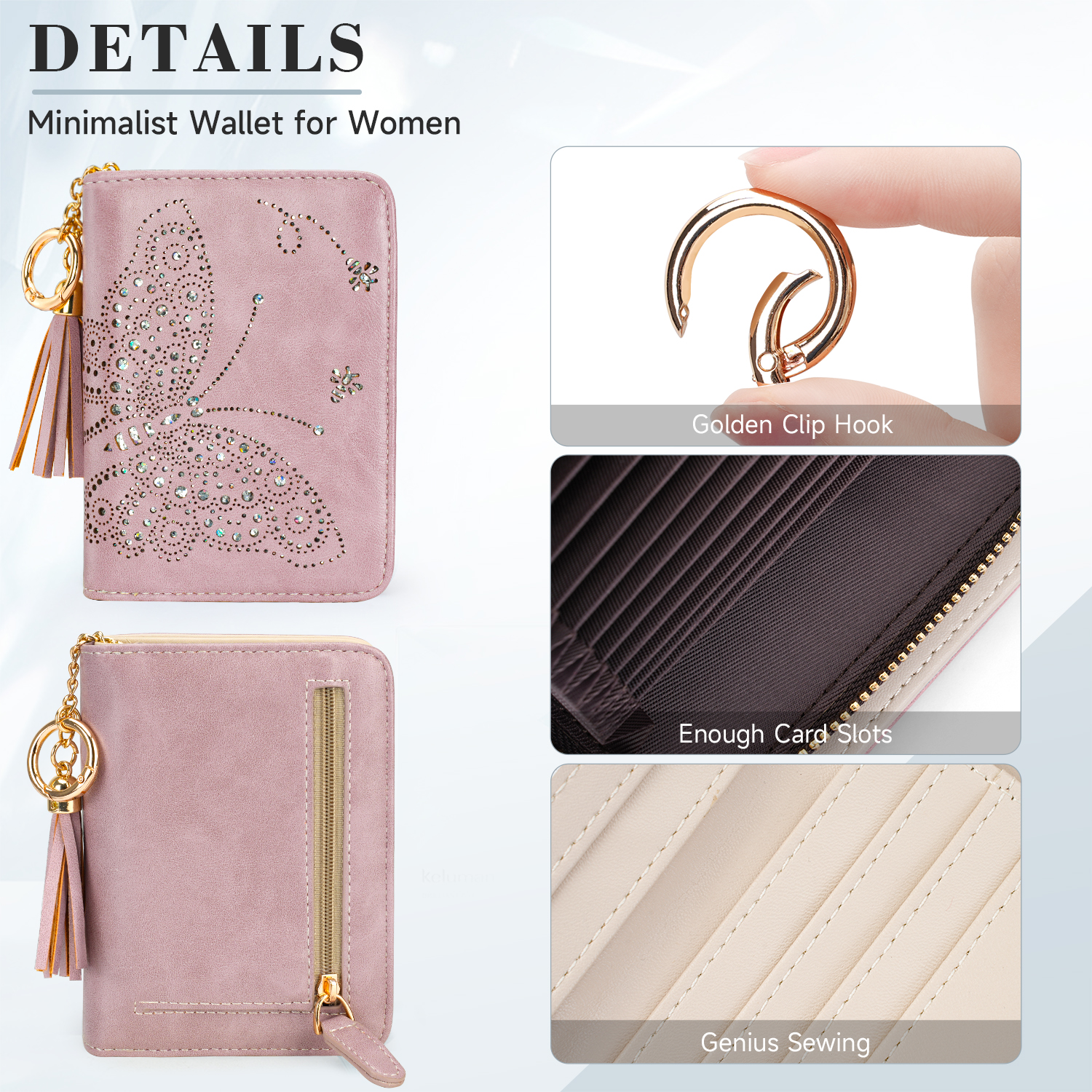 Cartera bífida pequeña con bloqueo RFID para mujer, monedero compacto con cierre y bolsillo de monedas, diseño de mariposa brillante, tarjetero, bolso de viaje con borla 5