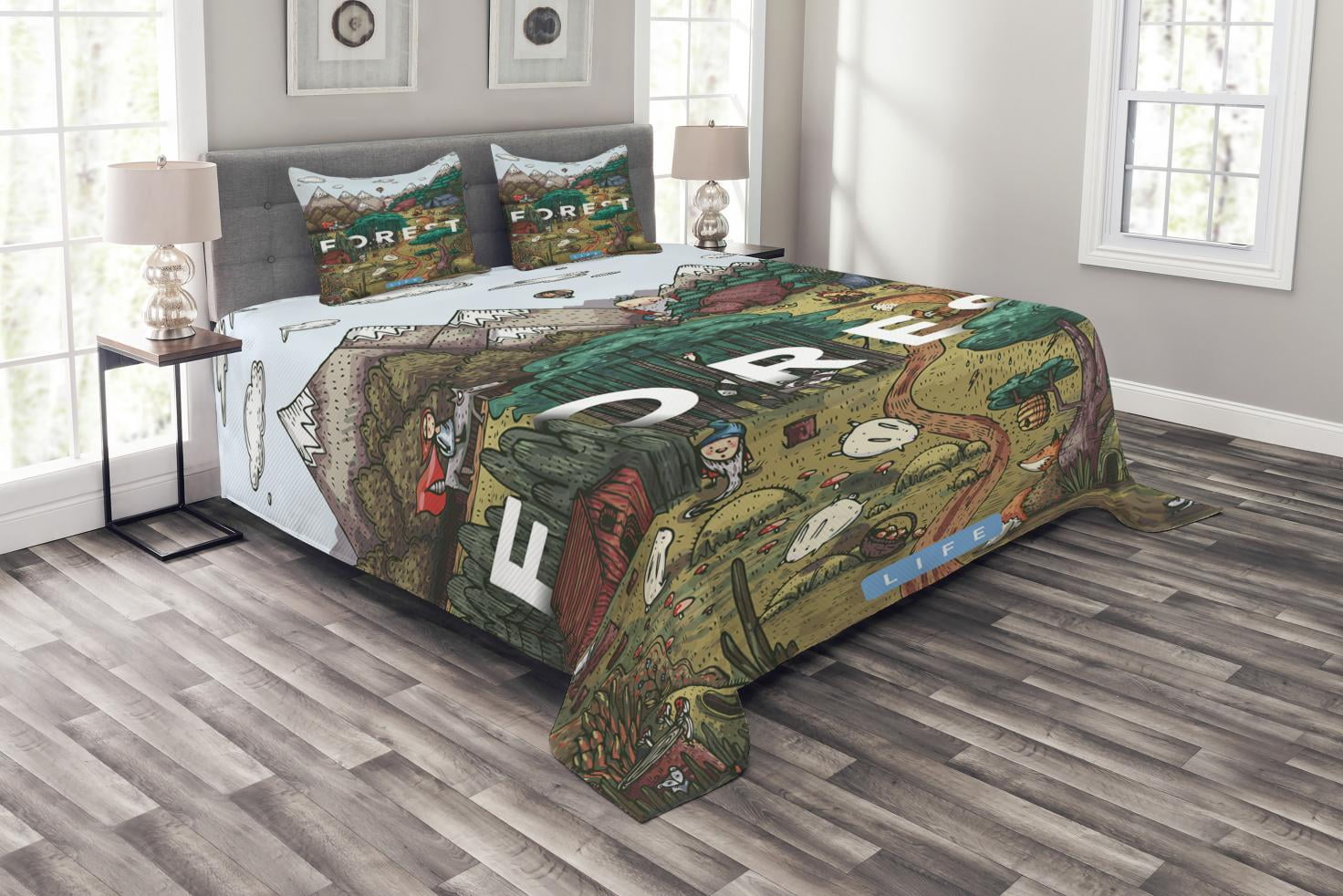 Nature Bedspread Set Queen Size, Mountain Range Valley with Forest