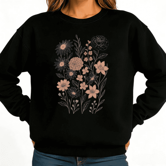 Boho Floral Line Art Womans Print Sweatshirt Graphic Sweatshirt Black White S-3XL Floral Casual Tops