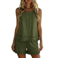 thumbnail image 2 of Karymi Going Out Tops for Women 2 Piece Solid Linen Blend Outfit Set, Crew Neck Sleeveless Eyelet Lace Ruffle Hem Tank Top+Elastic Drawstring Ruffle Shorts Rompers for Women, 2 of 9