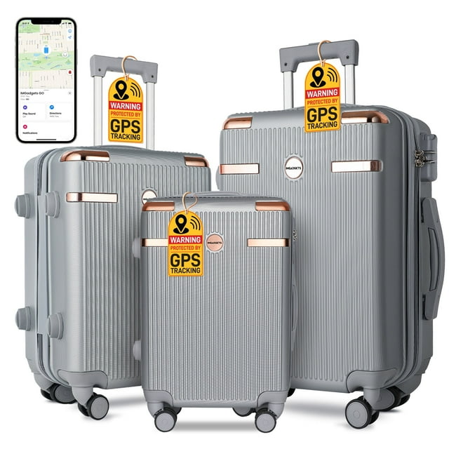 IMGadgets Go Luggage Ensemble 3 Pcs (Argent) / Léger et Résistant en Polycarbonate ABS / 4 Roues Doubles Pivotantes à 360° / Cadenas Homologué TSA / 3 Balises GPS Intelligentes / Design Spacieux / Poignée Rétractable en Fer