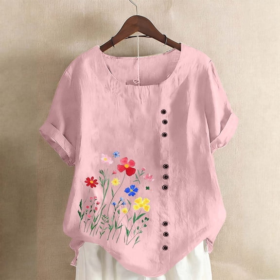 Gamivast Linen Tops for Women Floral Graphic Short Sleeve Casual Work Shirts Round Collar Side Button Vacation Tops Summer Hiking outfits