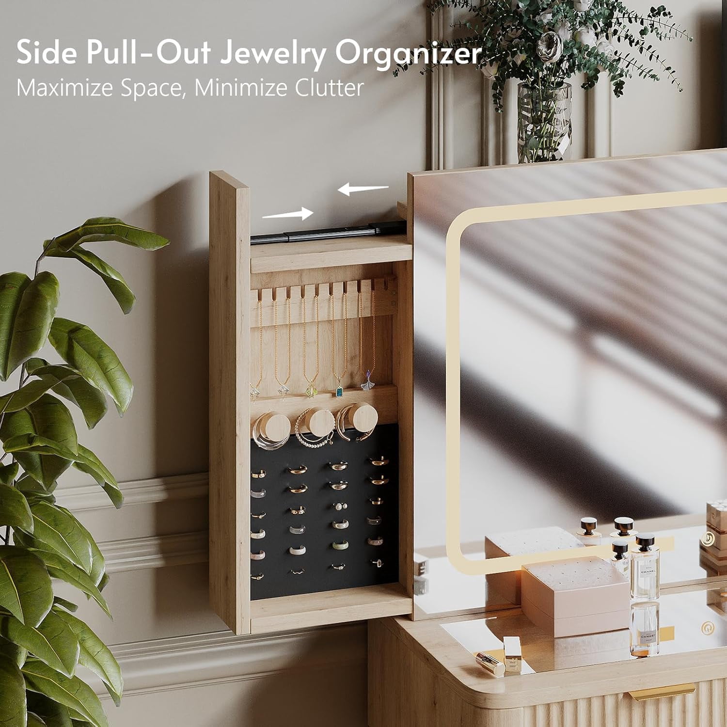 LAZZO 48" Wood Vanity with Glass Top, 3-Color Lights Mirror, Sliding Jewelry Organizer & Charging Station, Oak