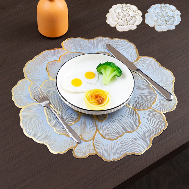 ¡Compra y Ahorra!, Juego de 6 manteles individuales lavables con diseño de flores doradas, de PVC azul, antideslizantes, lavables con calor, para cocina, jardín, picnic, mesa de comedor Akmoler