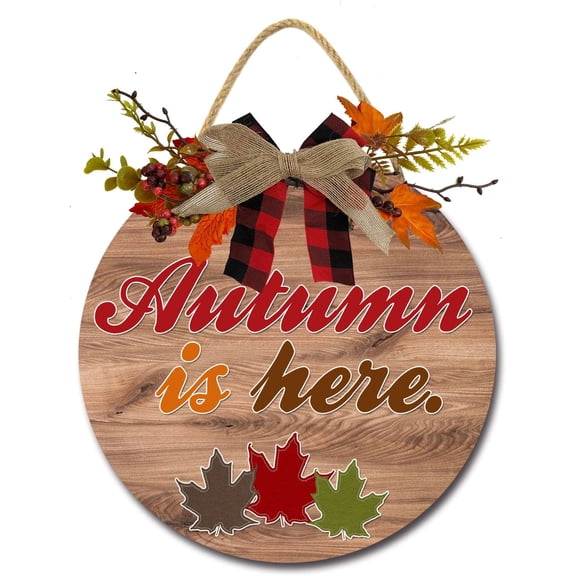 Eveokoki 12" Autumn Is Here Wooden Door Sign, Welcome Front Door Plaque Hanger Home Decoration for Farmhouse Office Coffee Shop,Hanging Sign Board with Hanging String for Home Decor
