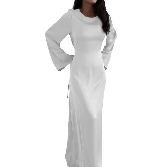 Maxi Dresses for Women Elegant Classy Fall Long Bell Sleeve Ruched Bodycon Fitted Cocktail Party Slit Dress White S