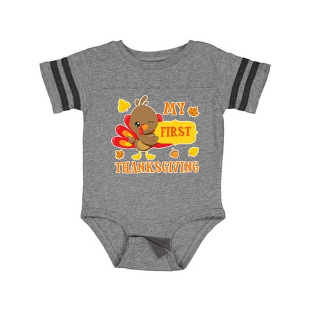 

Inktastic My First Thanksgiving with Turkey and Leaves Gift Baby Boy or Baby Girl Bodysuit