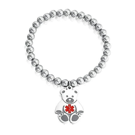 Kids Steel Teddy Bear Medical Alert ID Stretch Bracelet