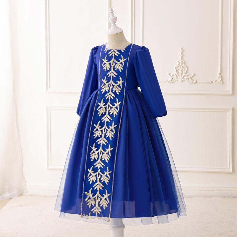 sachin and babi light blue dress Tqyyweavej Girls Muslim Dresses Middle Eastern Banquet Long Sleeve Princess Evening Dress Exquisite Embroidered Crew-Neck Performance Dress 4-8y,