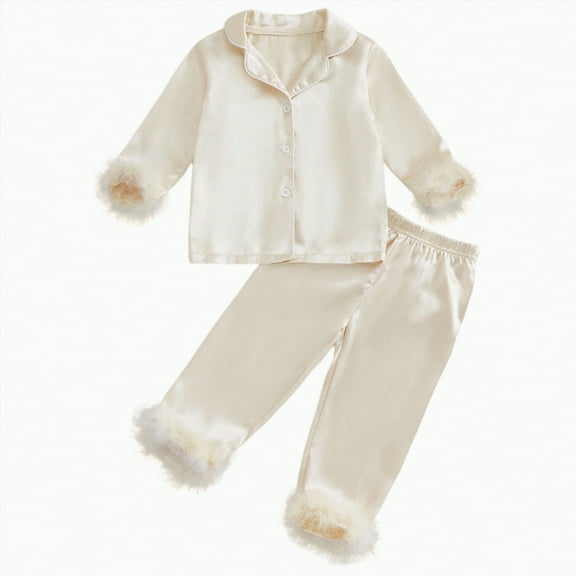 mgoYE Kids Toddler Girl Christmas Satin Pajamas 2 Pcs Holiday Pajama Set Shirts Pants Sleepwear Outfit|Beige 2-3 Years