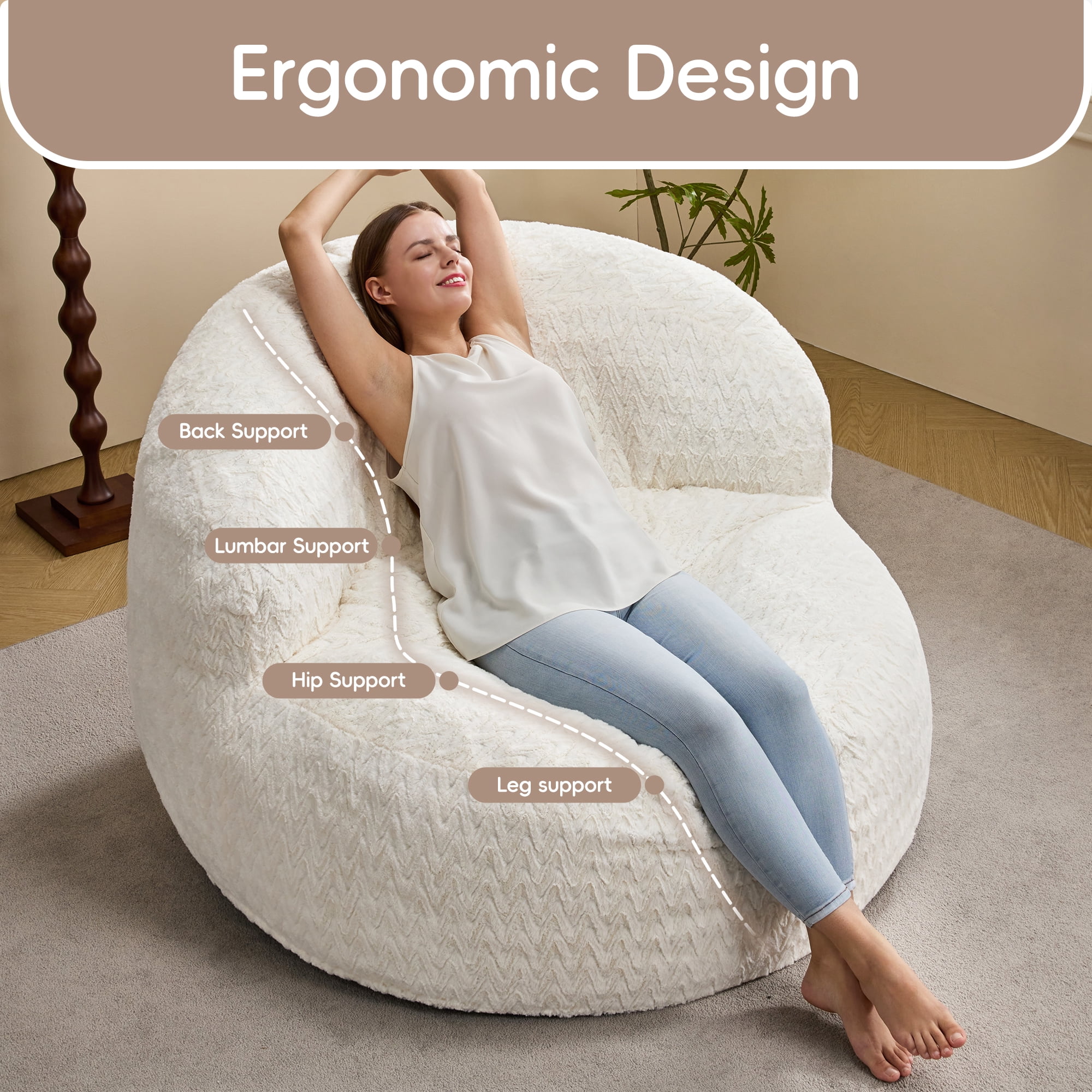 Hobestluk 4FT Bean Bag Chair for Adults with Memory Foam Filler Giant Beanbag with Faux Fur Cover for Bedroom (Chevron White,Oversize)