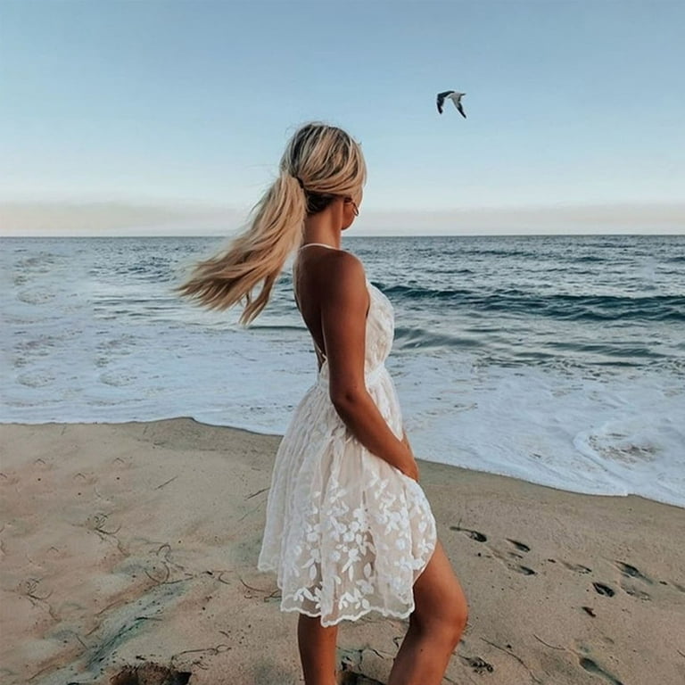 Loel Women Slim Sexy Lace White Strap Dress Backless Beach Holiday Babydoll Dress