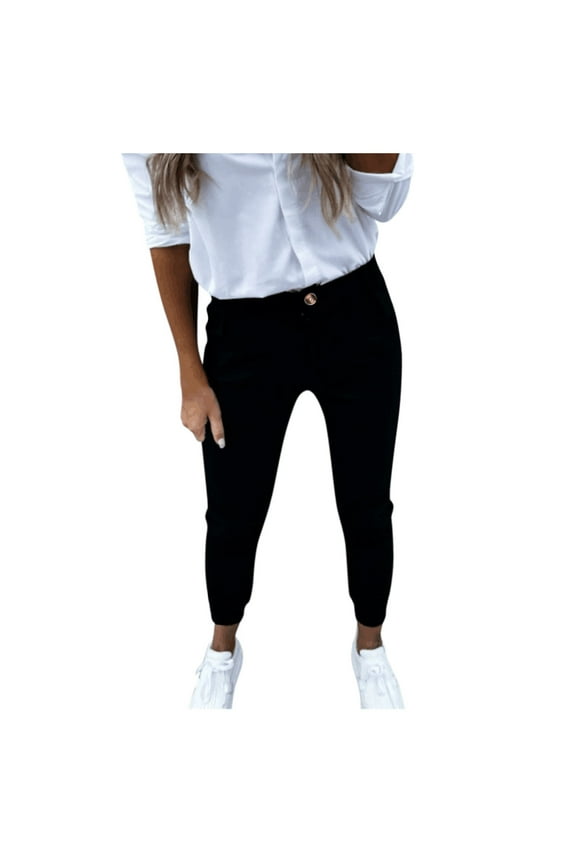Womens Casual Slim Fit Pants Comfy Cropped Work Pants with Pockets Elastic High Waist Tapared Pants(Black,M)
