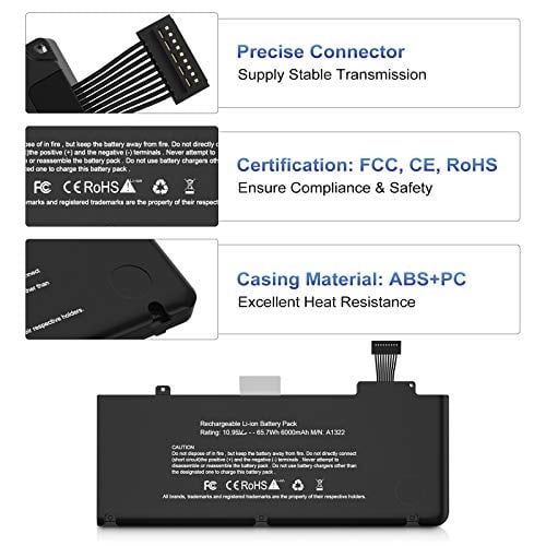 Batería A1322, TECHOWL A1278 Batería para MacBook Pro 13 pulgadas Mediados 2009 2010 2011 2012, Repuesto para Baterías MacBook Pro A1278 - Identificador MacBookPro (5,5 7,1 8,1 9,2) [10.95V 65.7Wh 600
