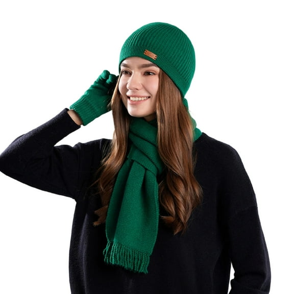 Women's Hat Scarf Gloves Three-Piece Set Winter Gift Warm Knit Skull Caps Long Scarf Touch Screen Gloves Green